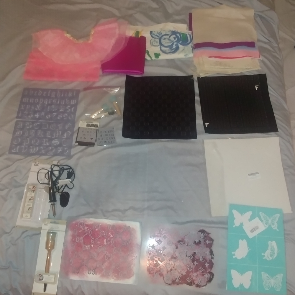 Stencil Craft lot: Cutter, brush, letters, Yeulion butterfly+ stickers, fabric
